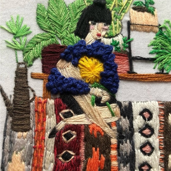 PLANT LADY SITTING ON RUG Embroidered Art - Picture 2 of 3